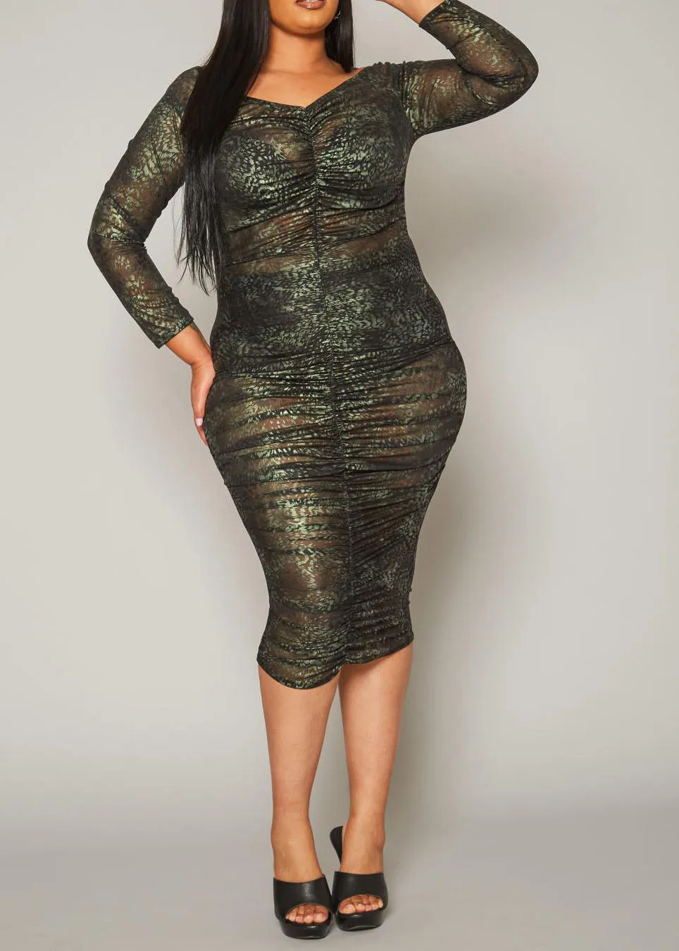 Hi Curvy Plus Size Women Leopard Print Mesh Bodycon Dress