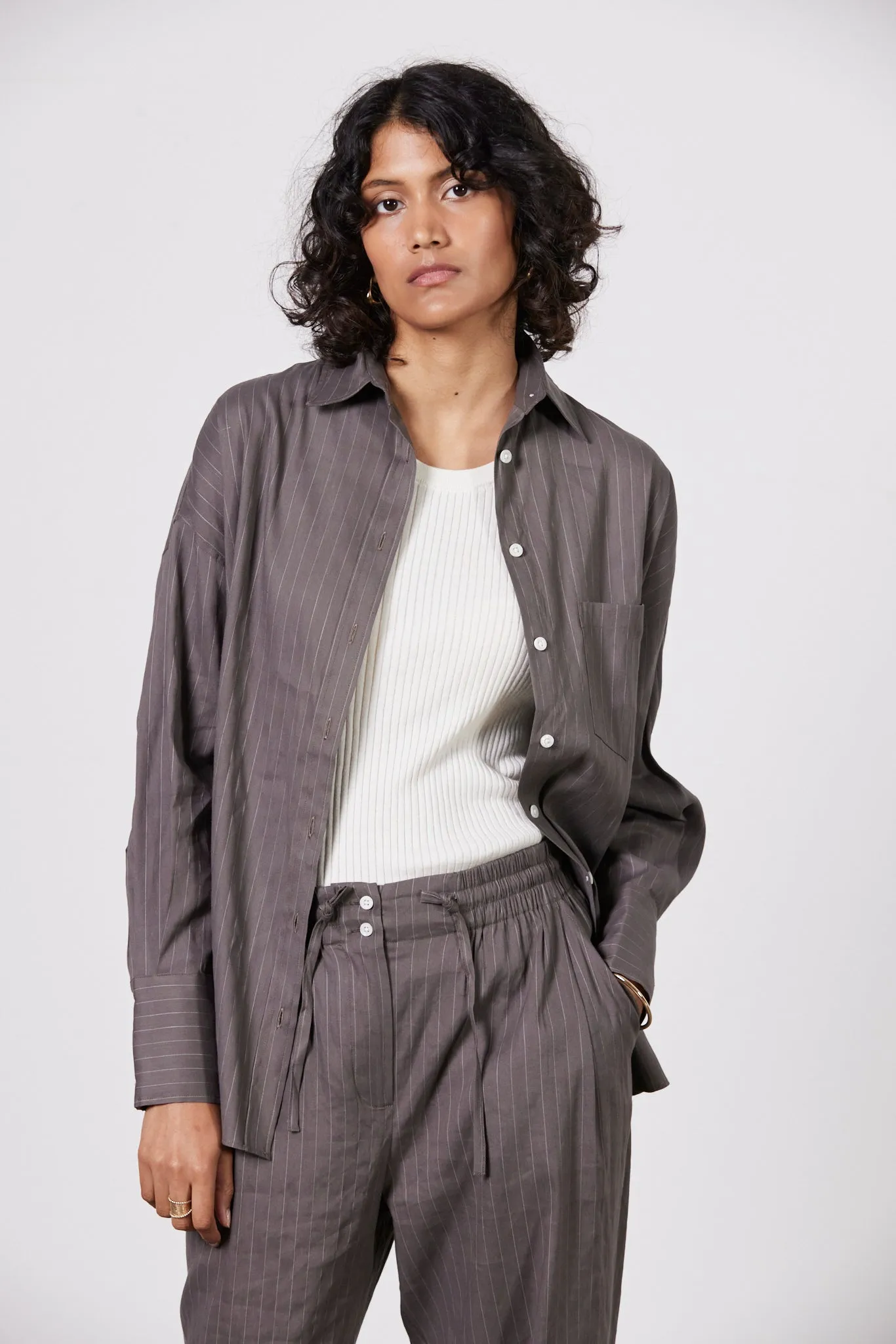 Jacque Linen Shirt - Deep Taupe/Ecru Stripe