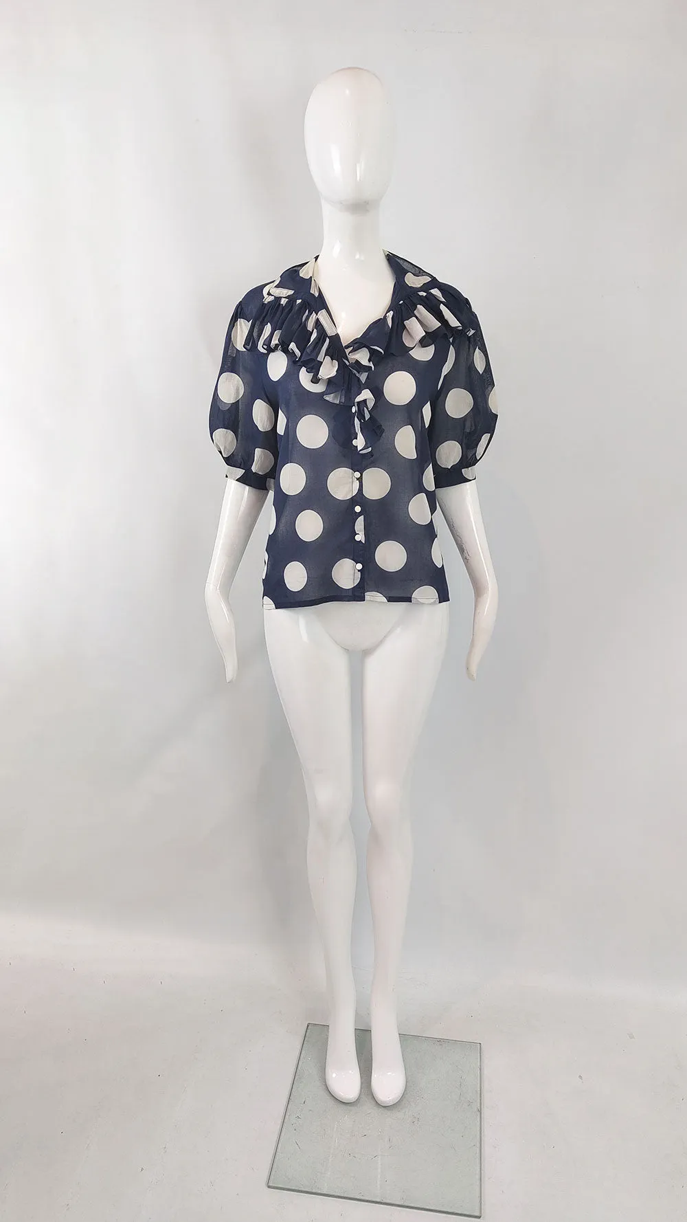 Jean Dessés Vintage Navy Sheer Cotton Blouse, 1980s