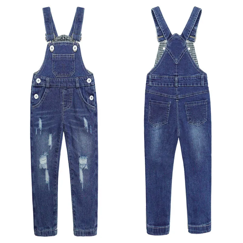 Kid Boy Girl Small Bib Pocket Adjustable Straps Ripped Jean Novel Overalls