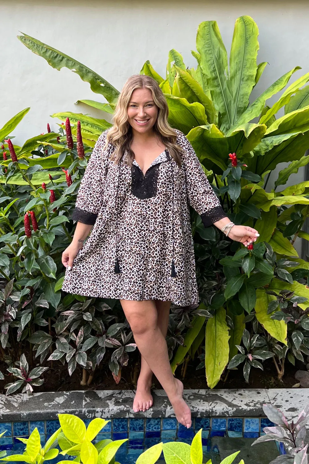 Leopard print short kaftan dress