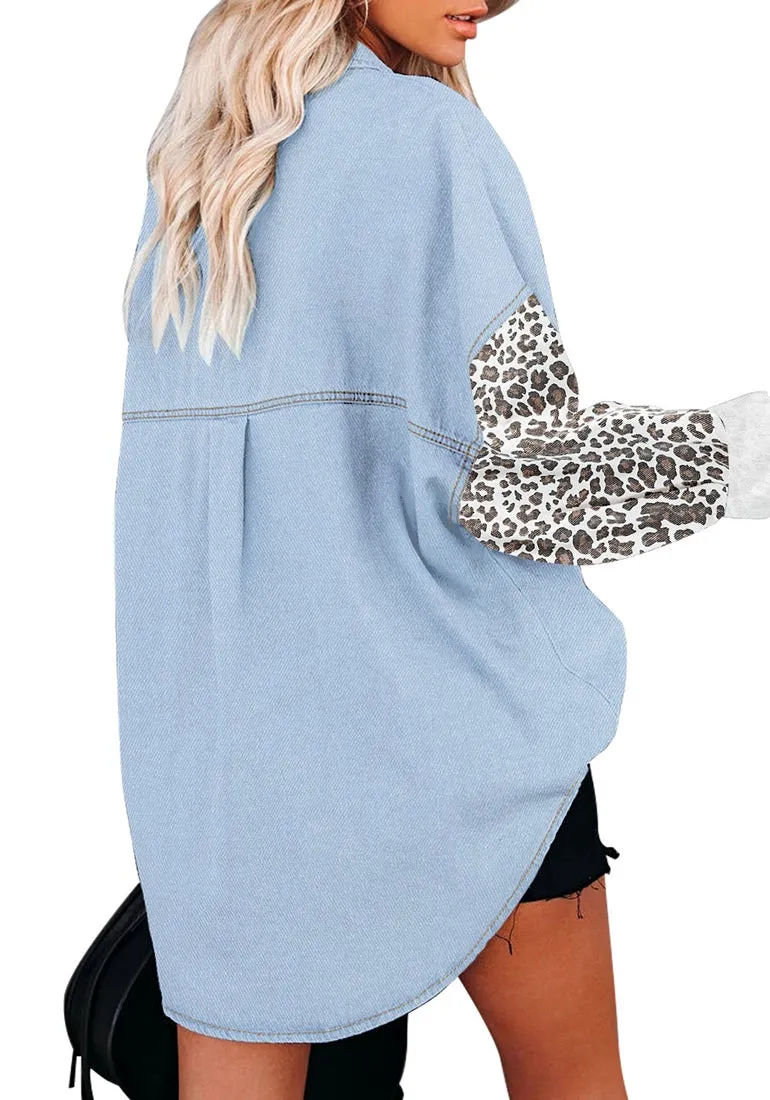 Light Blue Leopard Detail Oversized Button Down Shirt