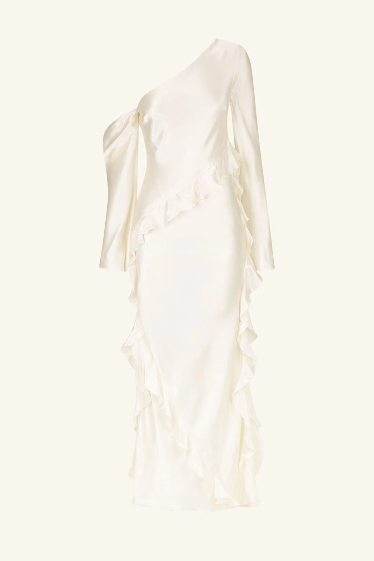 LOUELLA SILK ASYMMETRICAL LONG SLEEVE RUFFLE MAXI DRESS - IVORY