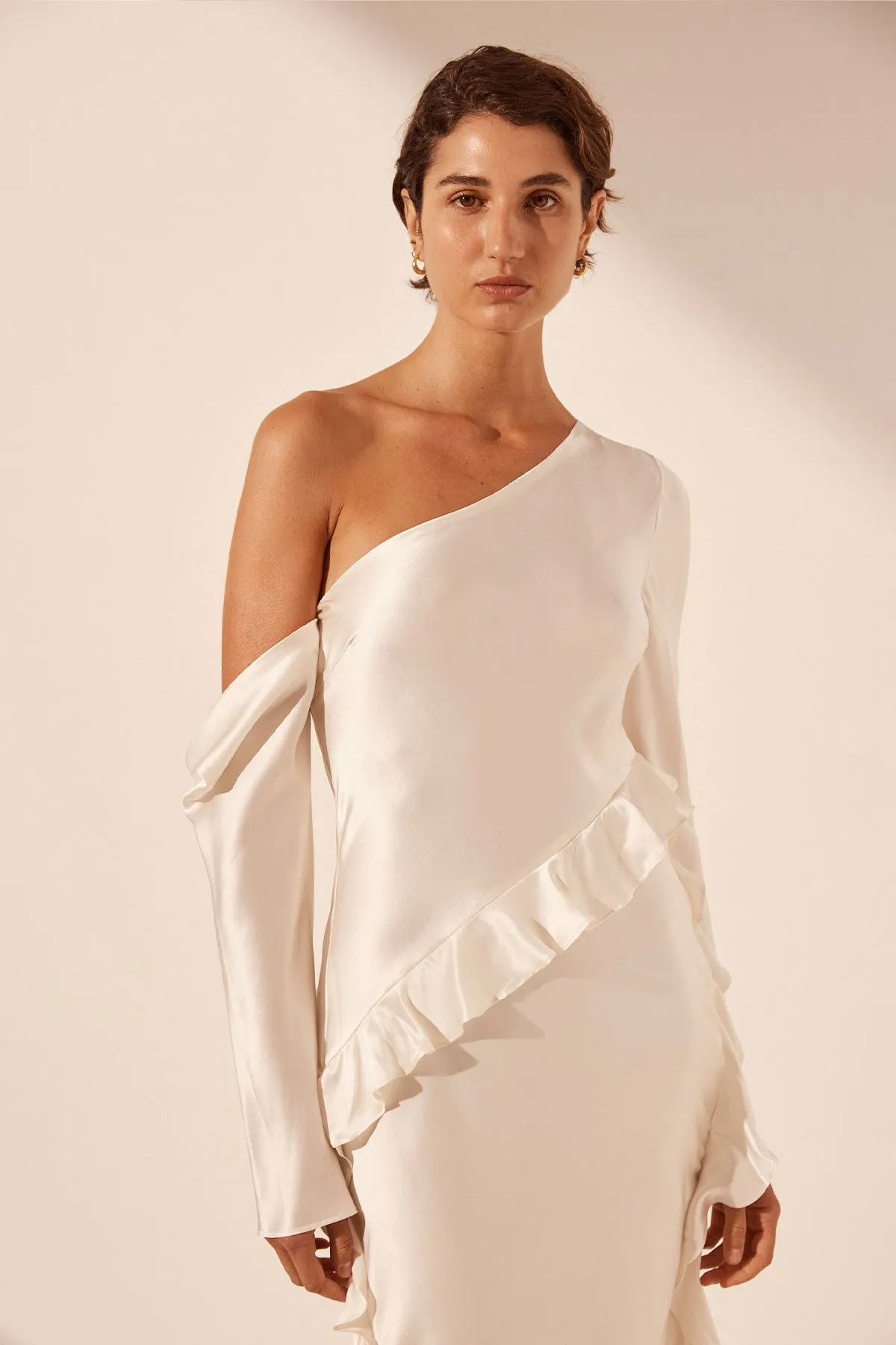 LOUELLA SILK ASYMMETRICAL LONG SLEEVE RUFFLE MAXI DRESS - IVORY