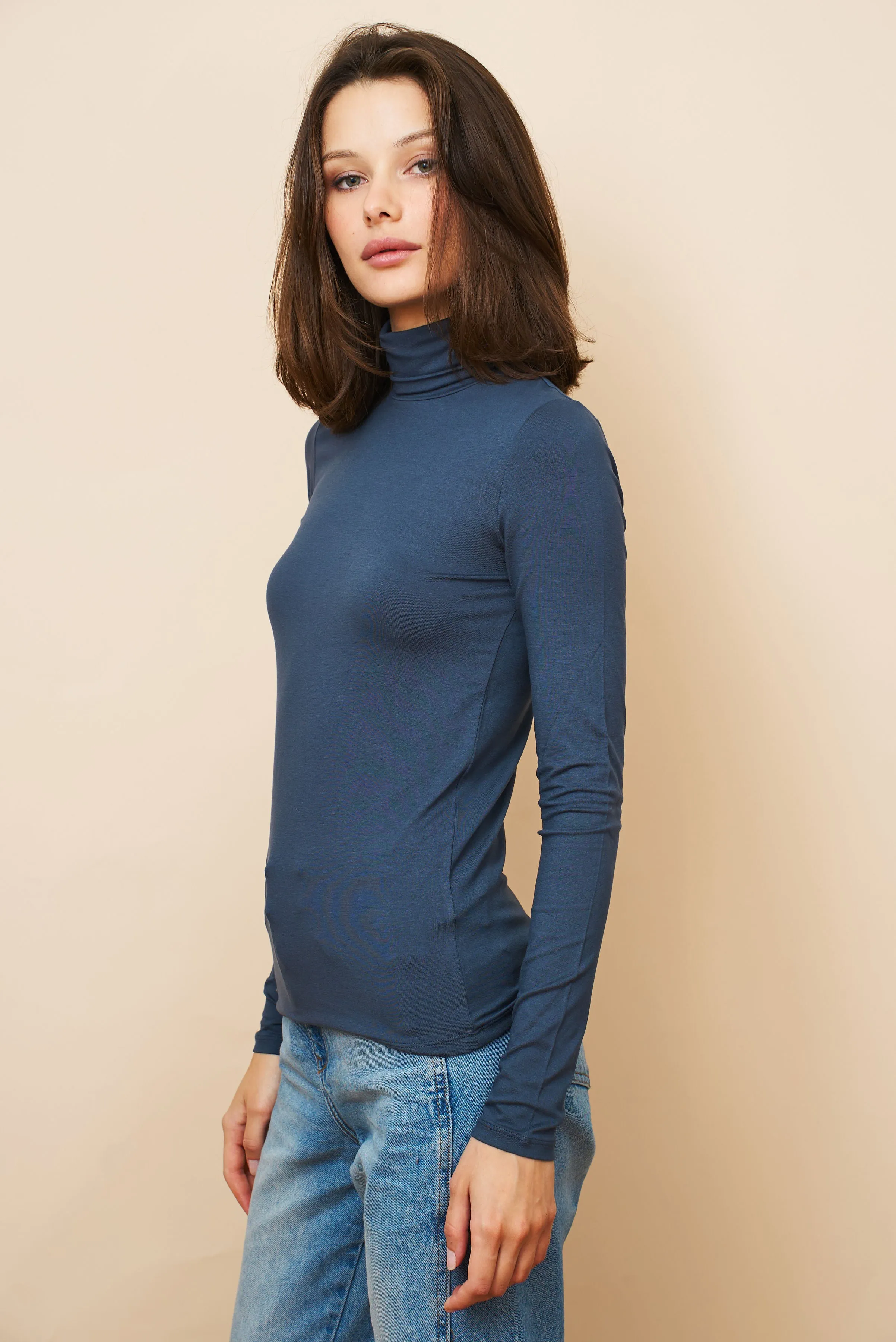 Soft-Touch Majestic Long-Sleeve Turtleneck in Deep Ink Blue