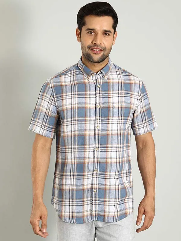 Men Checked Half Sleeve Linen Shirt