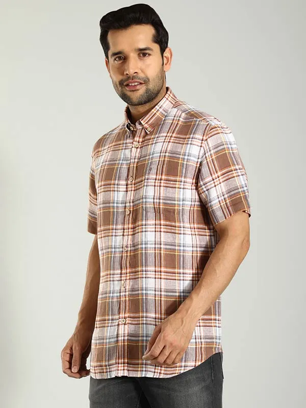 Men Checked Half Sleeve Linen Shirt