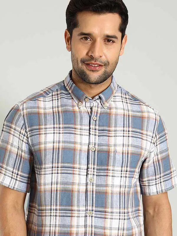 Men Checked Half Sleeve Linen Shirt