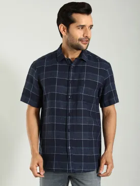 Men Checked Half Sleeve Linen Shirt