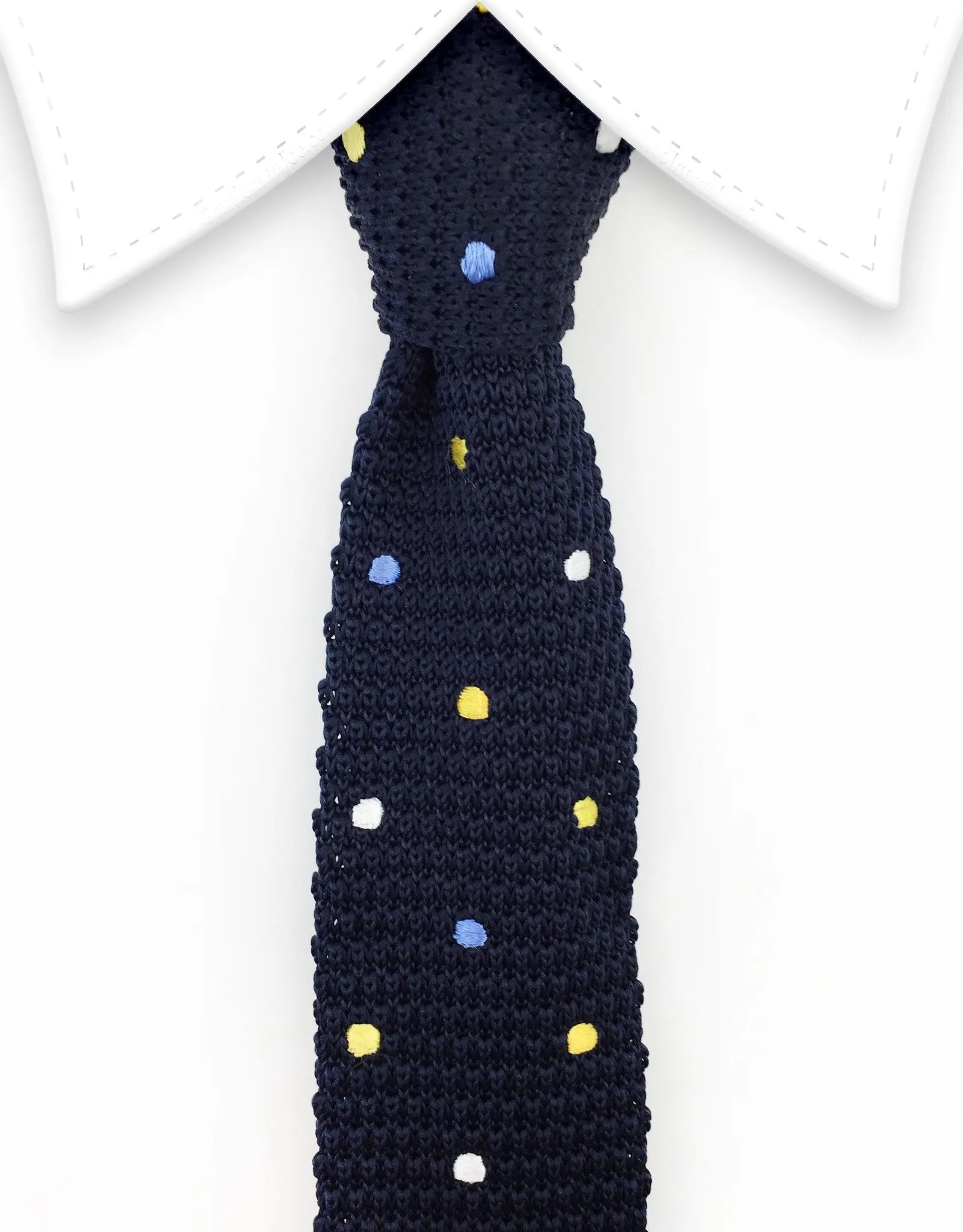 Navy Blue Knit Necktie with Colorful Polka Dots