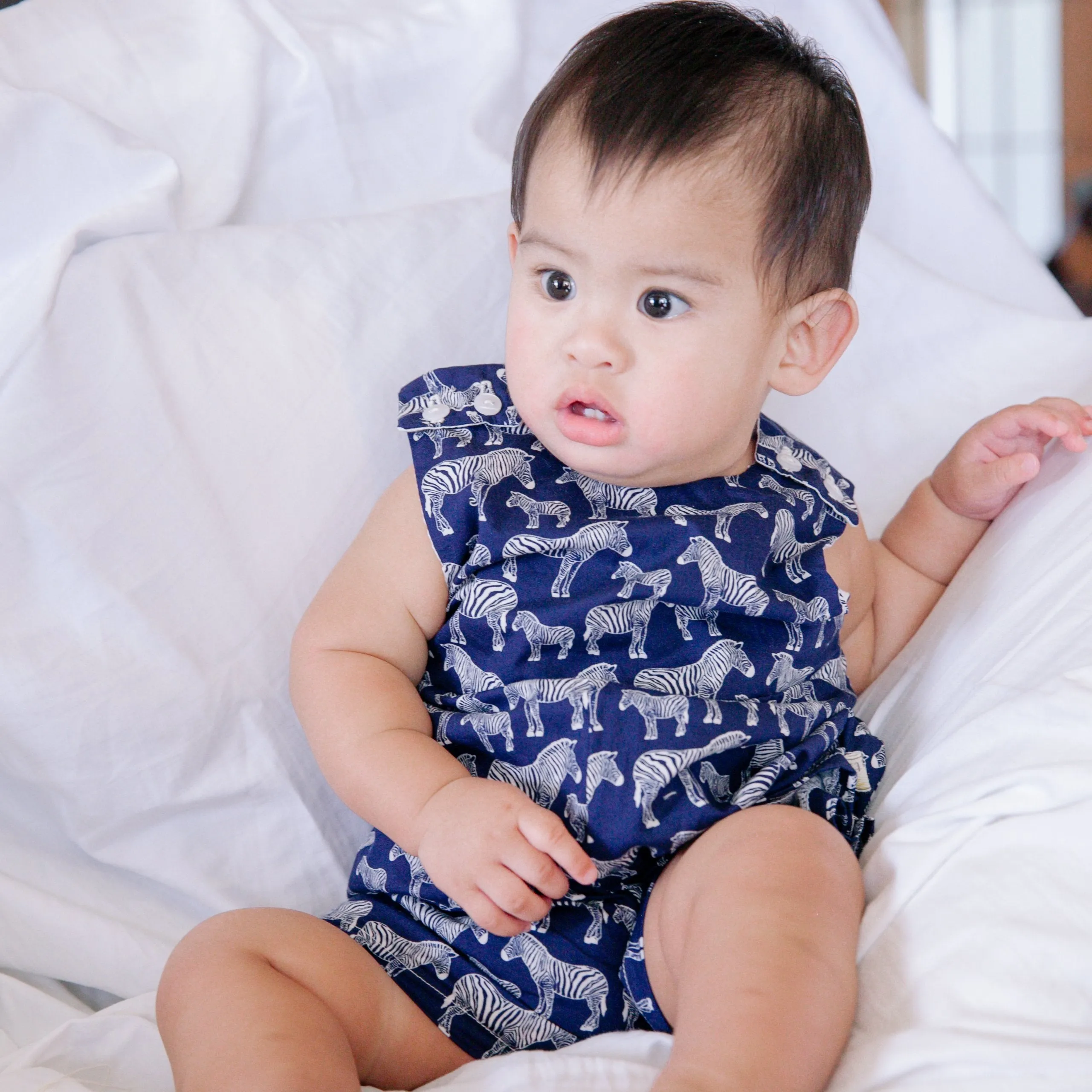 Oak Playsuit in White Stretch & Navy Zebra Print