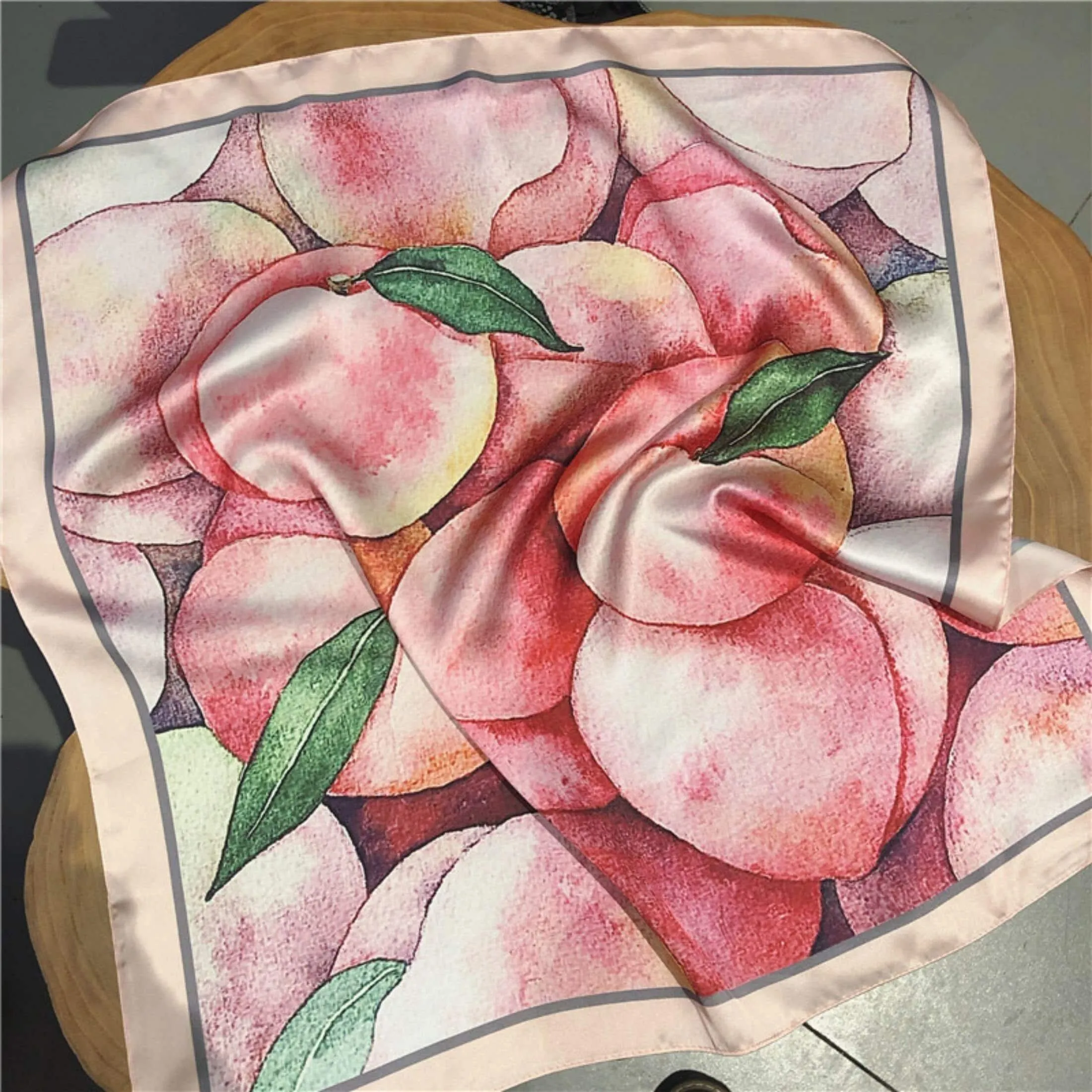 Peach pattern/100% Vegan Silk Scarf/Silk head scarf/55*55cm/Silk hair scarf/Silk neck scarf/Silk bandana/Bag Accessory/Gift for her