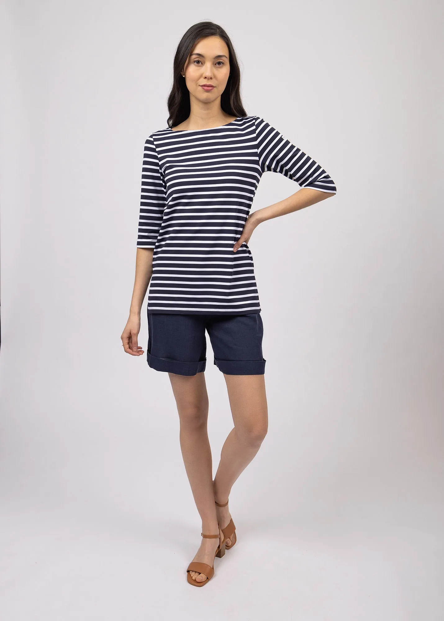 PHARE - Boat Neck Striped Tunic with Slits | Stretch fabric with UV Protection (NAVY / WHITE)