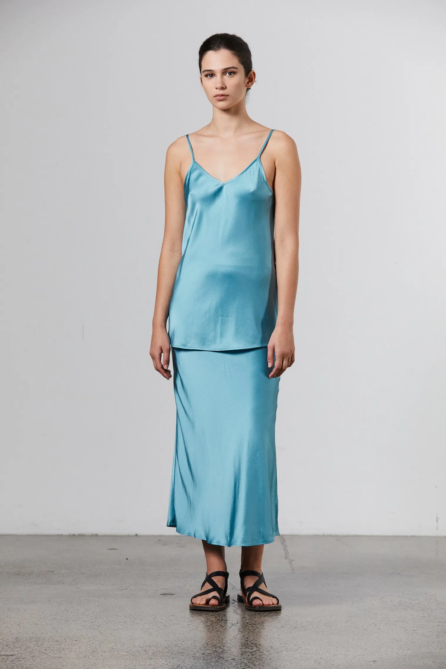 Silk-Satin Midi Slip Skirt - Cerulean