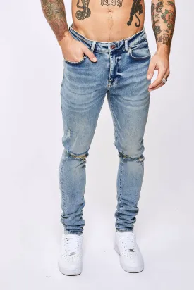 SKINNY FIT JEANS - VINTAGE BLUE RIPPED KNEE