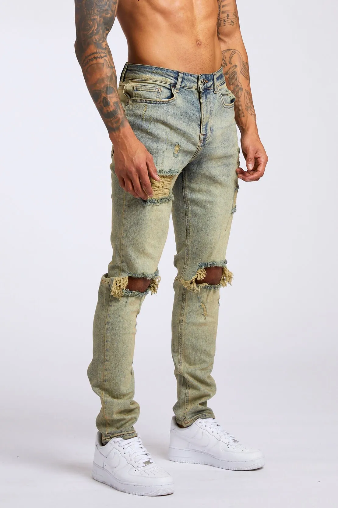 SLIM FIT JEANS 1.0 - VINTAGE STONE WASH RIPPED & REPAIRED