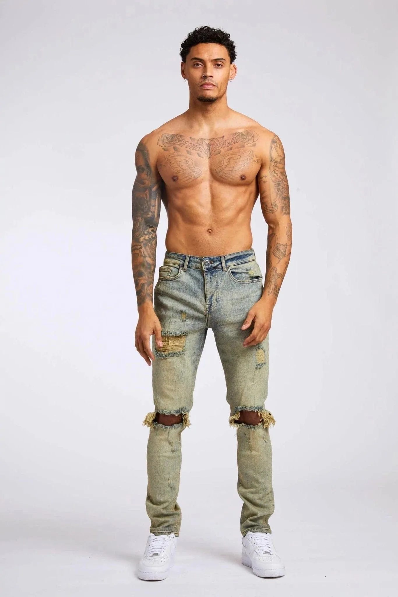 SLIM FIT JEANS 1.0 - VINTAGE STONE WASH RIPPED & REPAIRED