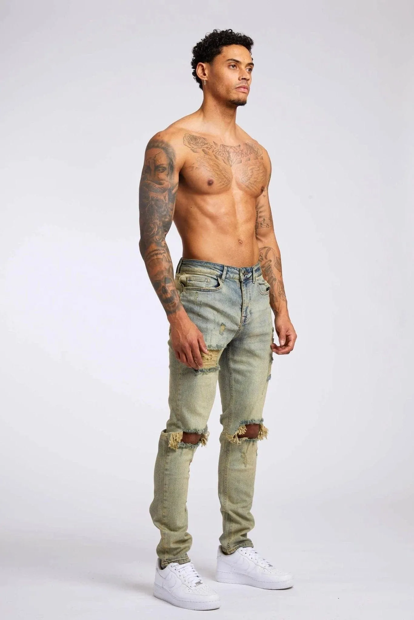 SLIM FIT JEANS 1.0 - VINTAGE STONE WASH RIPPED & REPAIRED