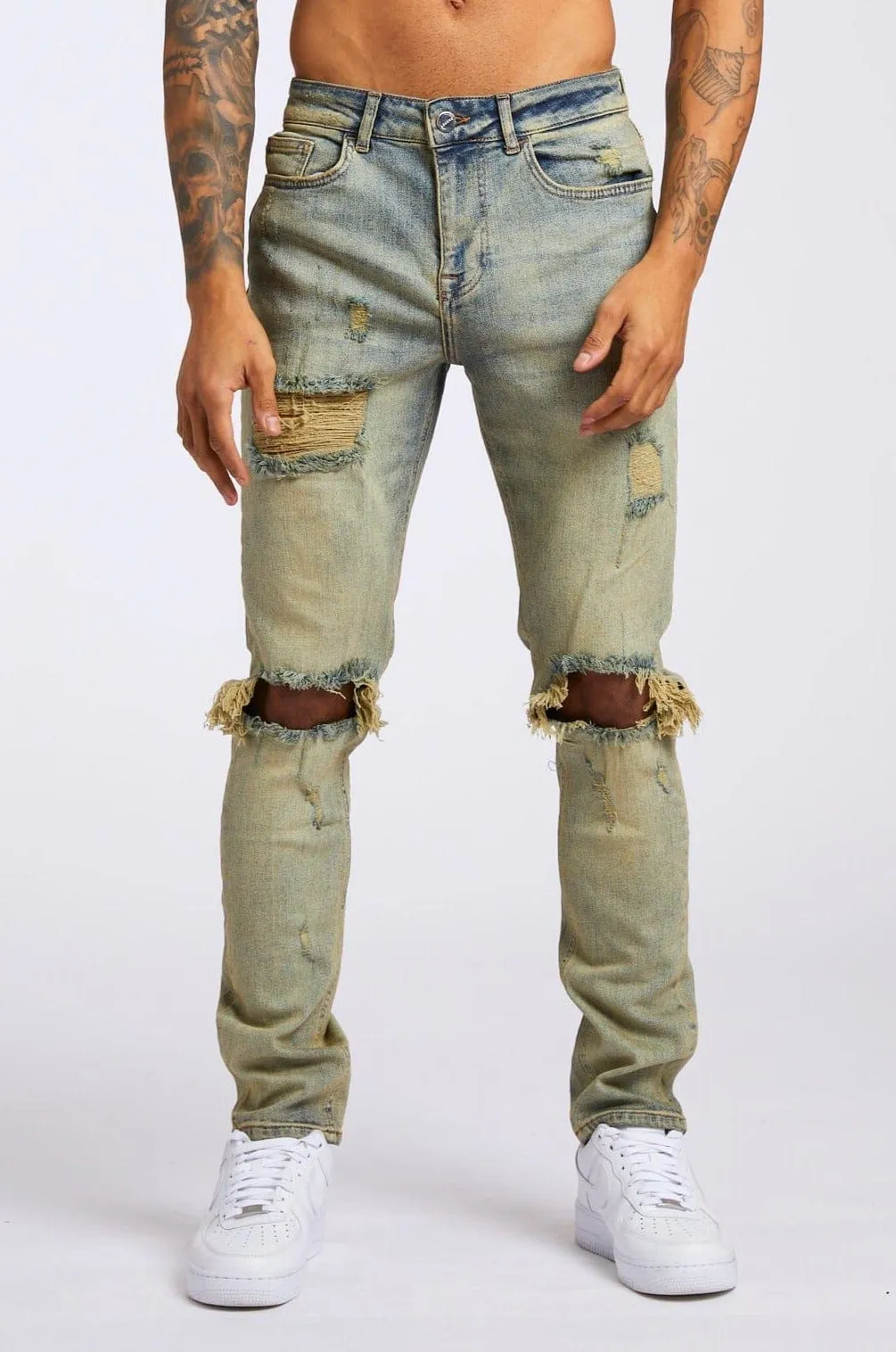 SLIM FIT JEANS 1.0 - VINTAGE STONE WASH RIPPED & REPAIRED