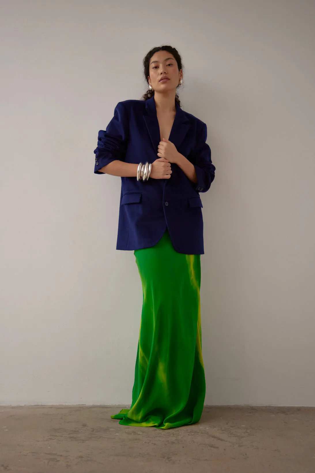 TASH -  GREEN HAND PAINTED BIAS SKIRT SILK SATIN