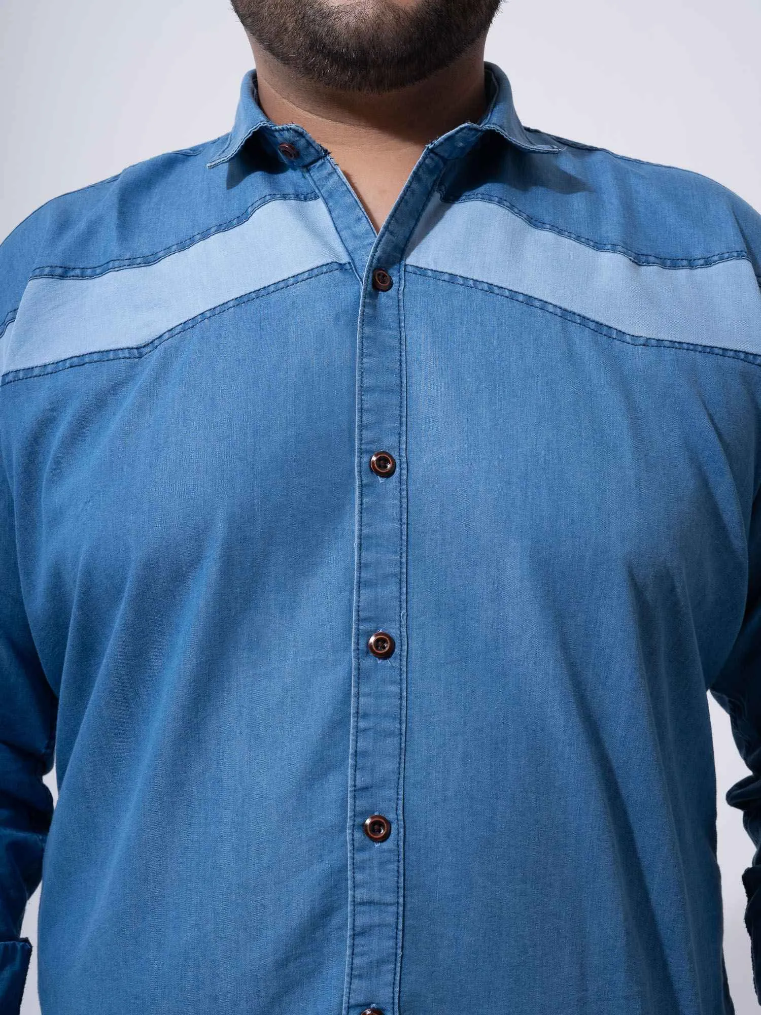 Vintage Colour Block Denim Cotton Plus Size Shirt