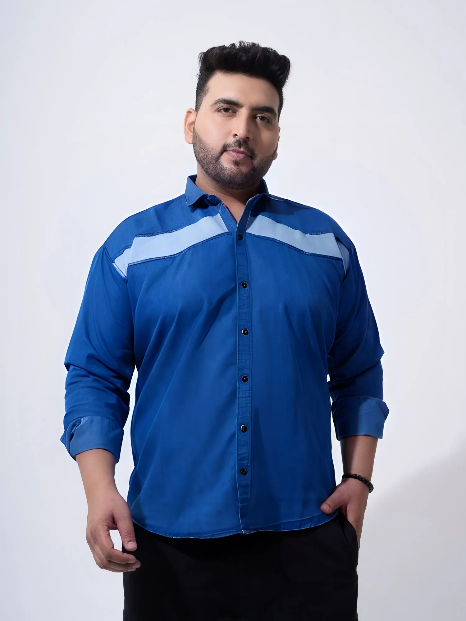 Vintage Colour Block Denim Cotton Plus Size Shirt