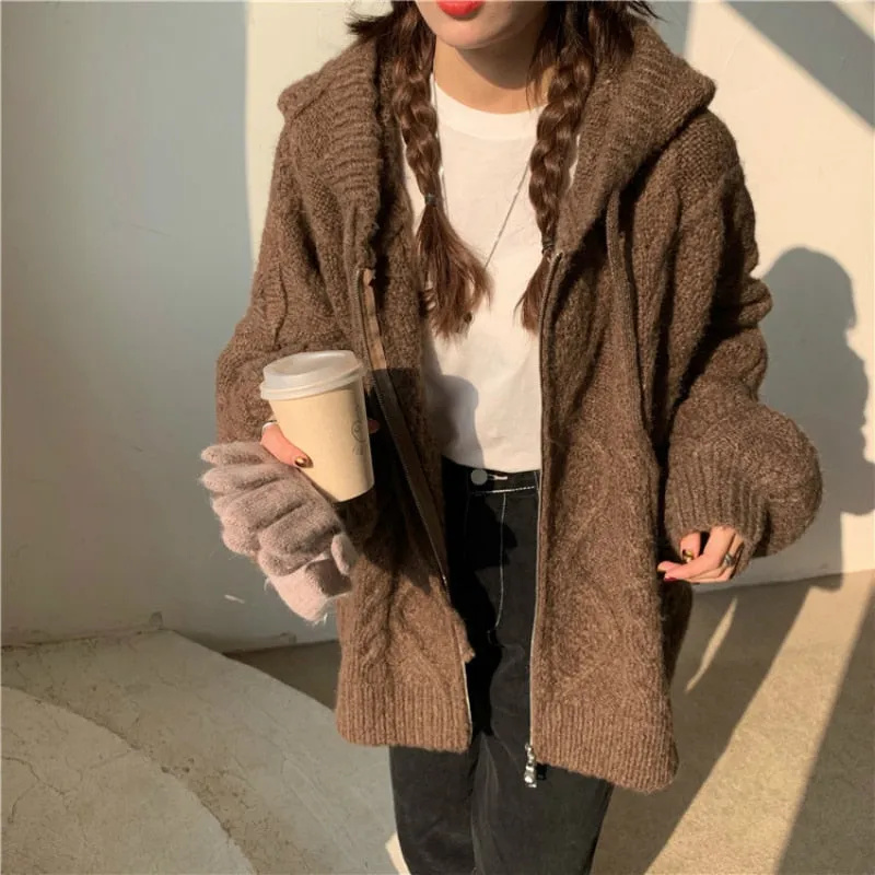 Women's Oversized Knitted Hooded Cardigan Twist Sweater