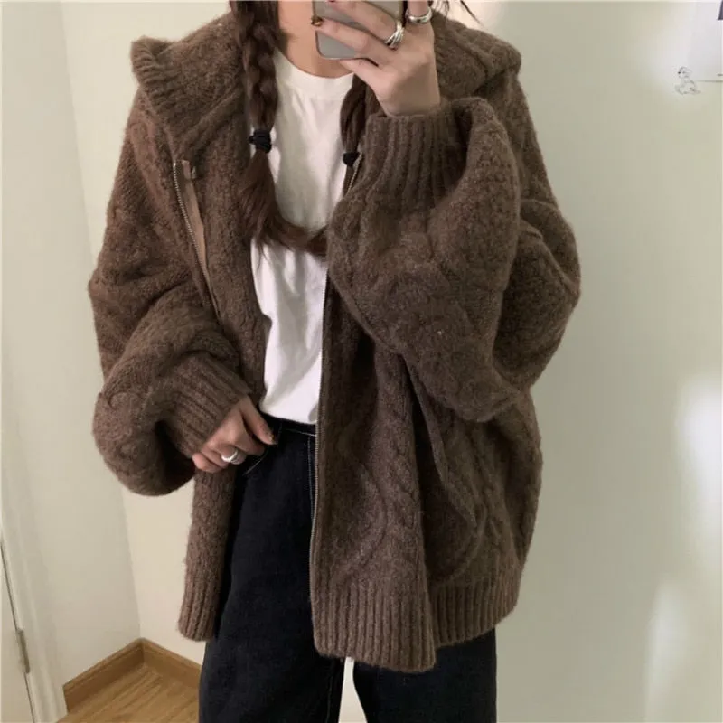 Women's Oversized Knitted Hooded Cardigan Twist Sweater