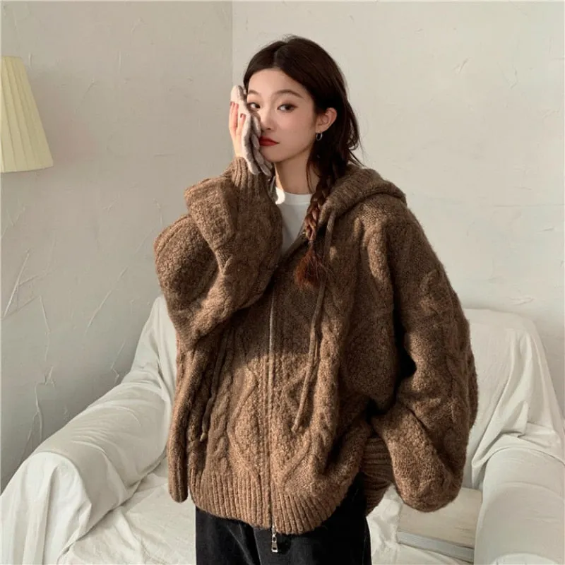 Women's Oversized Knitted Hooded Cardigan Twist Sweater