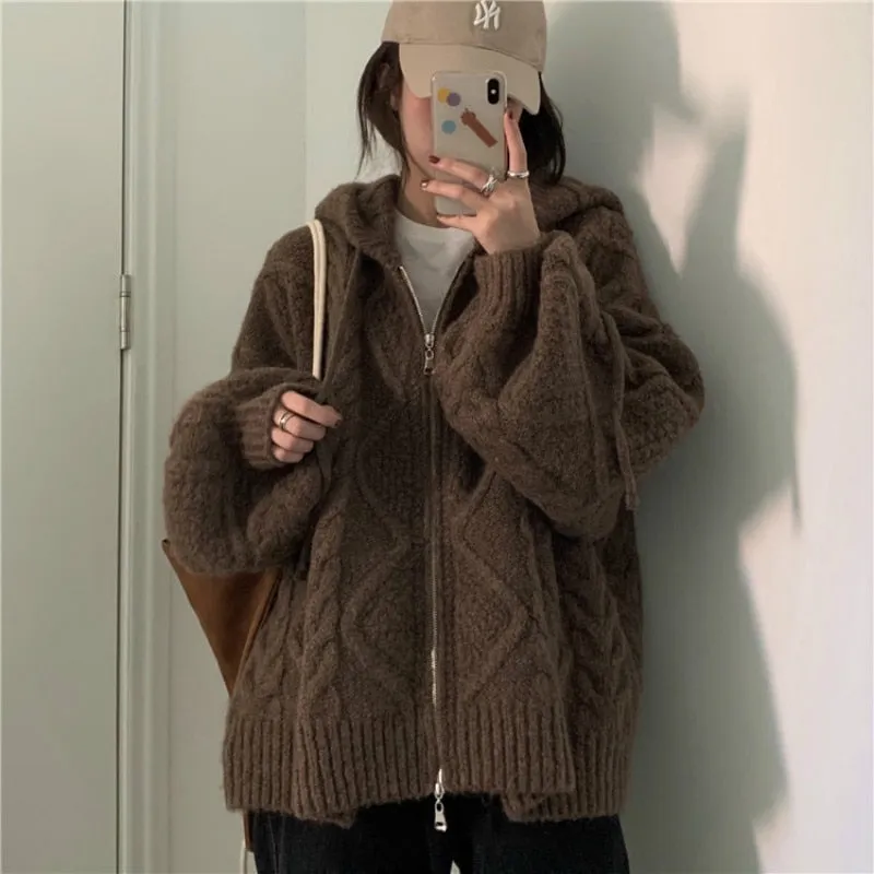 Women's Oversized Knitted Hooded Cardigan Twist Sweater